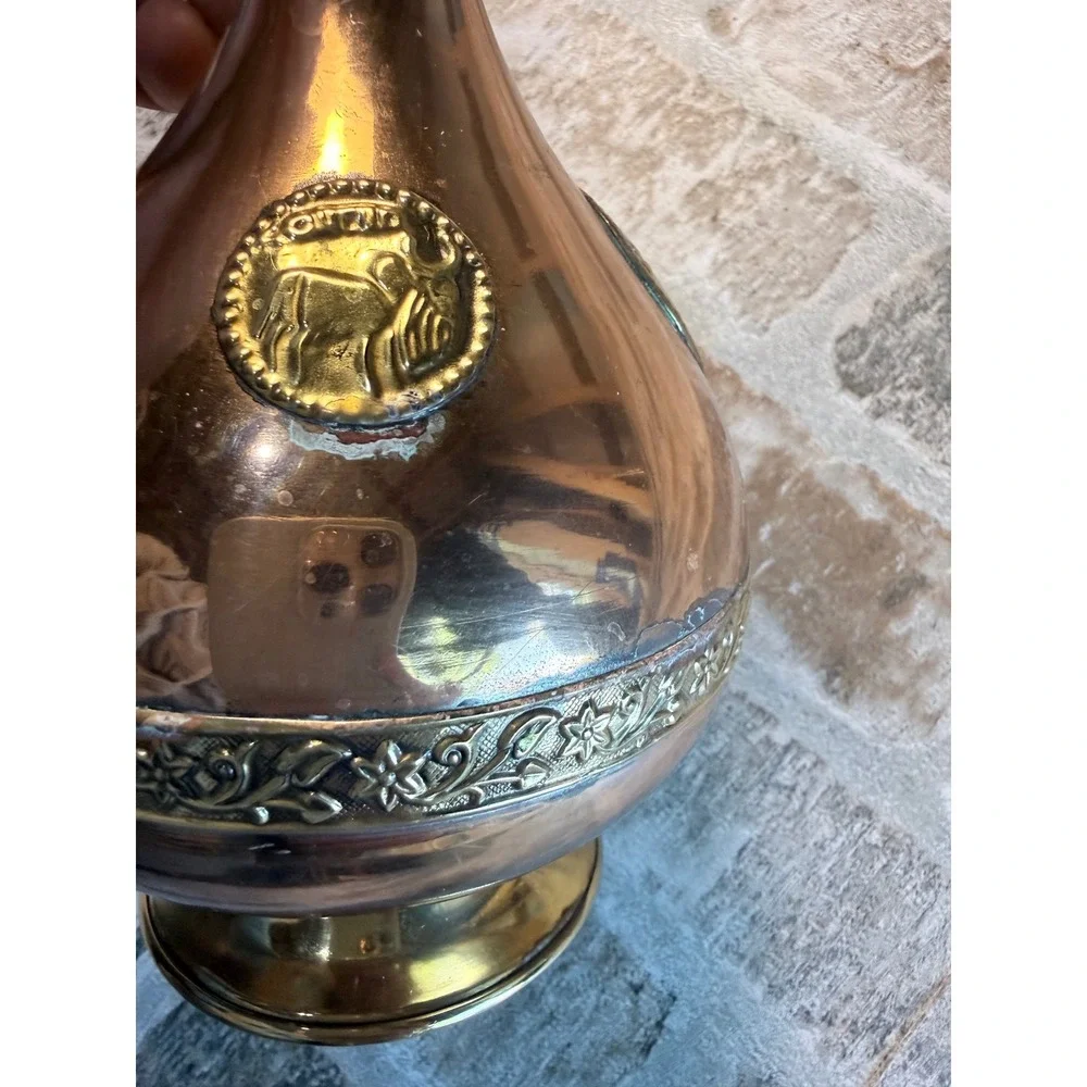 Vintage Copper and Brass Pitcher Ewer with Bull Medallions‎ and Floral Band 10